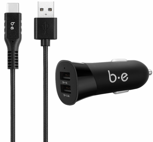 Blu Element Dual USB Car Charger 3.4A Type C Cable Included Black